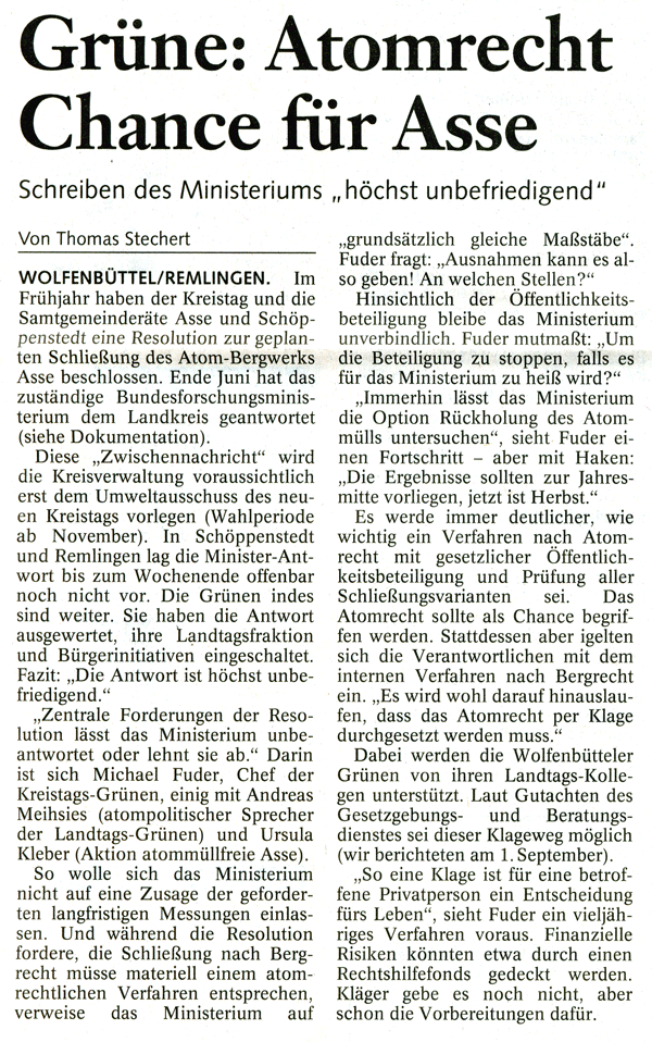 Presseartikel der BZ/WZuA vom 2006-10-09 Presseartikel der BZ/WZuA vom 2006-10-09