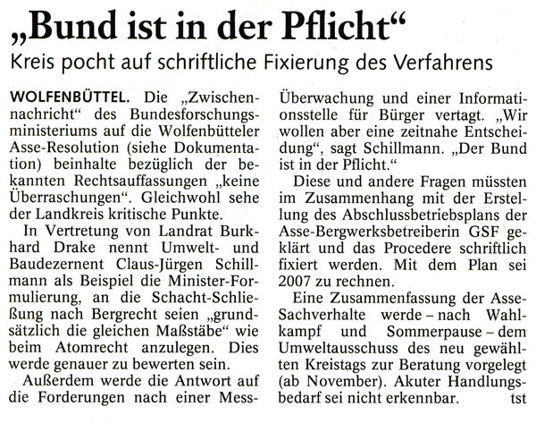 Presseartikel der BZ/WZuA vom 2006-10-09 Presseartikel der BZ/WZuA vom 2006-10-09