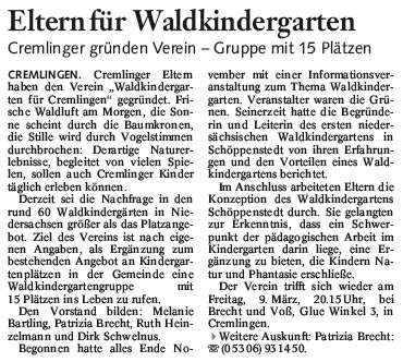 Artikel in der BZ, Wolfenbüttel vom 17.02.2006 Artikel in der BZ, Wolfenbüttel vom 17.02.2006